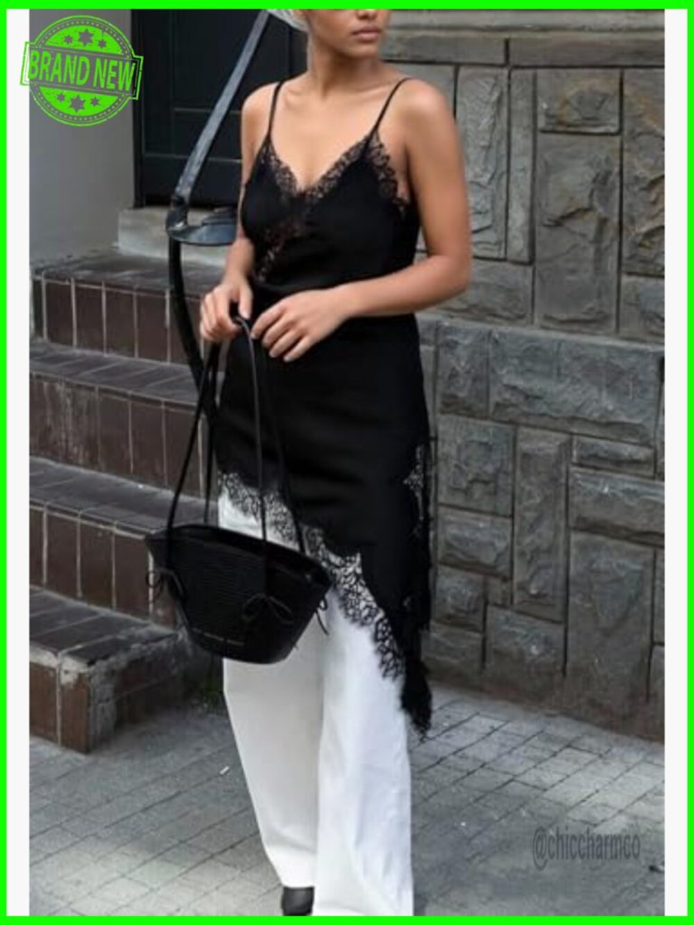 Satin Slip Mini Dress Lace Trim Asymmetrical Side Split Cami Tops Spaghetti - Picture 3 of 7